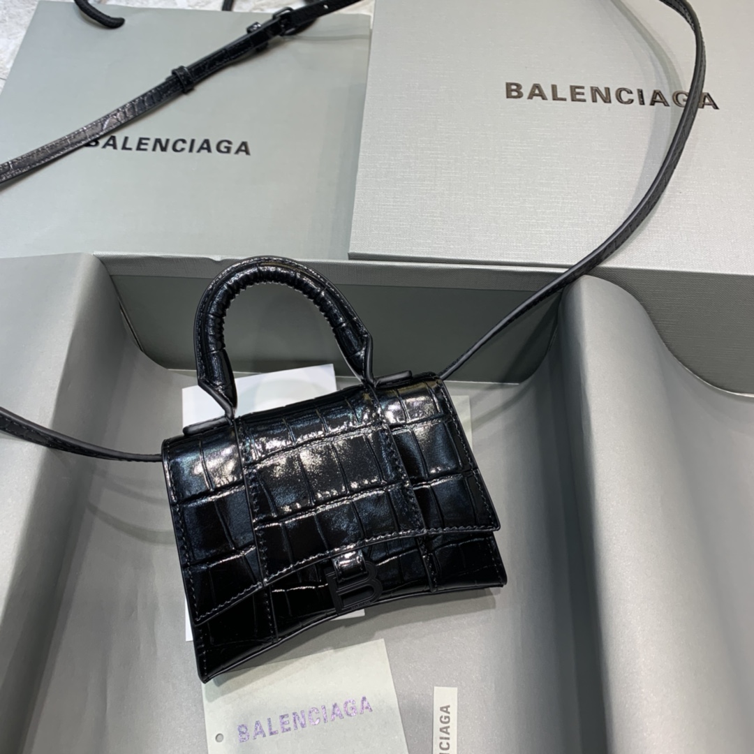 Balenciaga Hourglass Mini Handbag Crocodile Embossed Shoulder Bag Black